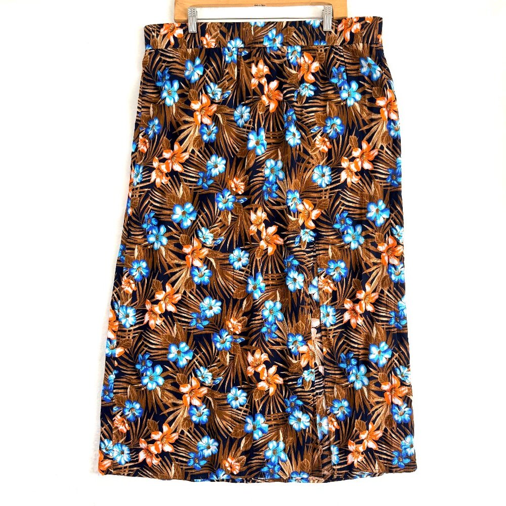 LANDS END Floral Boho Hippie Hawaiian Beachy Side Slit Maxi Skirt 1X 16W-18W